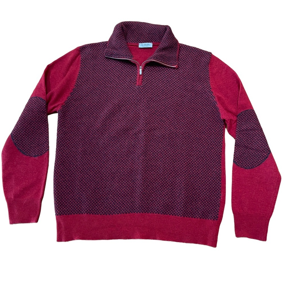 PAL ZILERI Mens Wool Pullover Sweater Size 52 Large 1/4 Zip Elbow Patch Birdseye